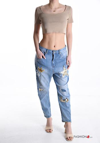 Jeans in Cotone vita alta con zip con paillettes con tasche con strass con bottoni - ph 5