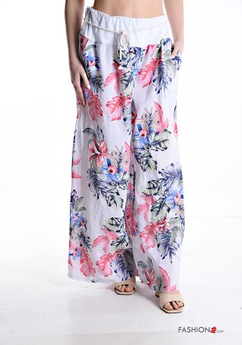 Blätterdruck Oversize wide leg Hose aus Leinen mit Taschen mit gummizug mit seil - ph 1