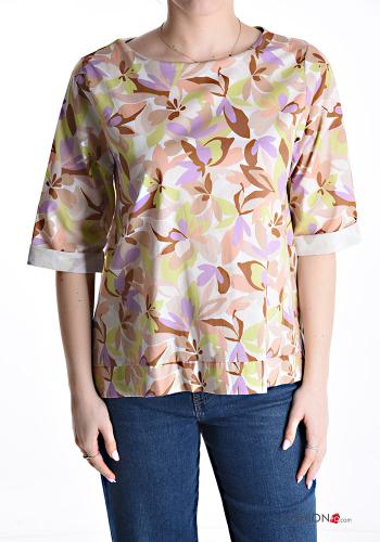 Blumenmuster u-boot ausschnitt Bluse aus Baumwolle 3/4 ärmel - ph 1