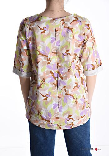 Blumenmuster u-boot ausschnitt Bluse aus Baumwolle 3/4 ärmel - ph 2