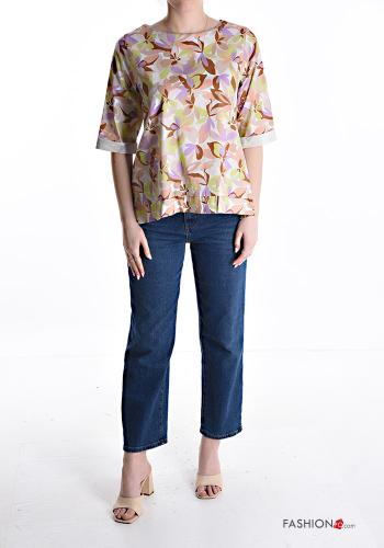 Blumenmuster u-boot ausschnitt Bluse aus Baumwolle 3/4 ärmel - ph 5