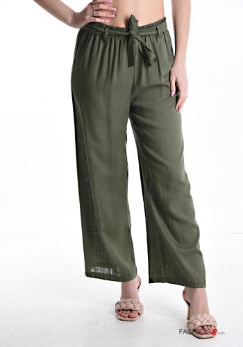 long Linen Trousers with fabric belt with elastic