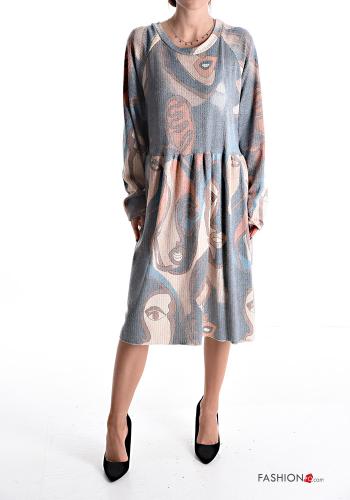 Patterned long sleeve crew neck knee-length Dress