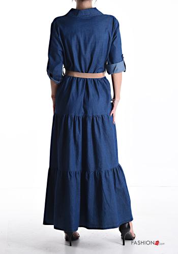 Abito chemisier in Cotone denim lungo maniche a tre quarti con nastro con balze con bottoni - ph 2
