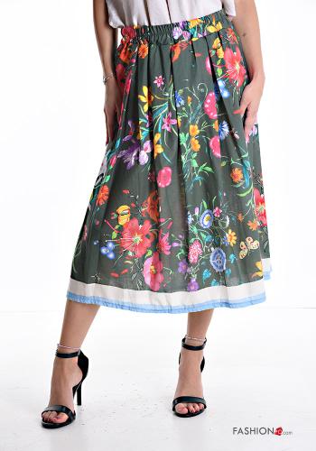 Gonna in Cotone a ruota midi Fantasia floreale con elastico - ph 1