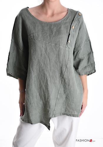 asymmetrisch u-boot ausschnitt Bluse aus Leinen mit Knöpfen 3/4 ärmel - ph 1