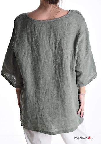 asymmetrisch u-boot ausschnitt Bluse aus Leinen mit Knöpfen 3/4 ärmel - ph 2