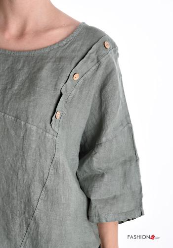 asymmetrisch u-boot ausschnitt Bluse aus Leinen mit Knöpfen 3/4 ärmel - ph 4
