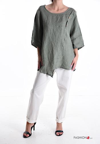 asymmetrisch u-boot ausschnitt Bluse aus Leinen mit Knöpfen 3/4 ärmel - ph 5