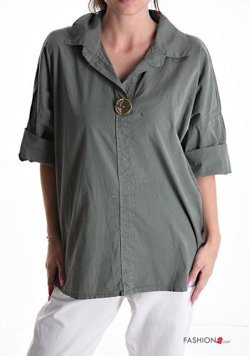 Blusa in Cotone maniche corte con colletto con bottoni scollo a V