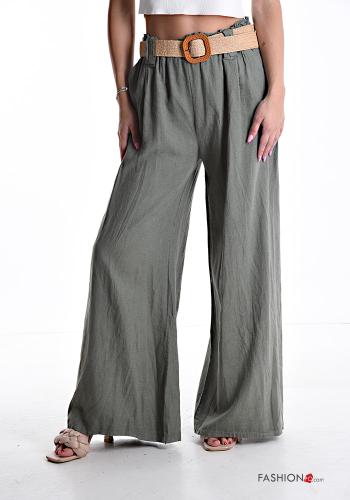 Pantalone in Lino vita alta wide leg con elastico con cintura con tasche