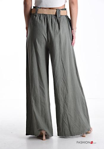 Calças em Linho cintura subida wide leg com cinto com bolsos com elástico - ph 2
