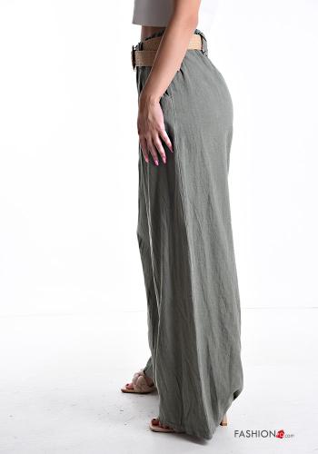 Calças em Linho cintura subida wide leg com cinto com bolsos com elástico - ph 3