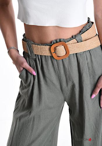 Calças em Linho cintura subida wide leg com cinto com bolsos com elástico - ph 4