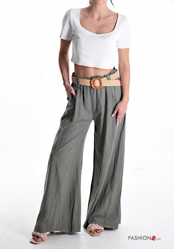 Calças em Linho cintura subida wide leg com cinto com bolsos com elástico - ph 5