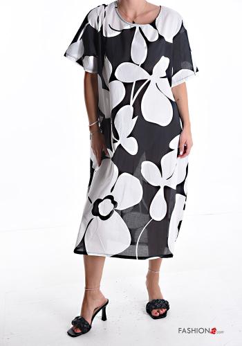 Abito in Cotone girocollo oversize maniche corte Fantasia floreale con tasche