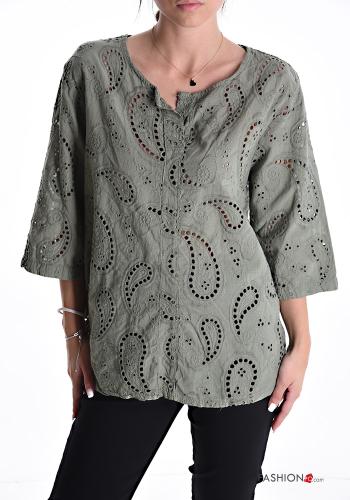 Paisley Muster u-boot ausschnitt Bluse aus Baumwolle 3/4 ärmel englische stickerei - ph 1