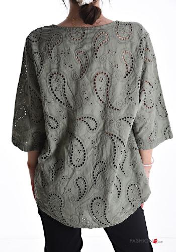 Paisley Muster u-boot ausschnitt Bluse aus Baumwolle 3/4 ärmel englische stickerei - ph 2