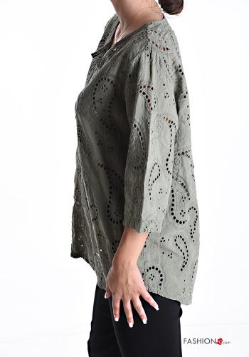 Paisley Muster u-boot ausschnitt Bluse aus Baumwolle 3/4 ärmel englische stickerei - ph 3