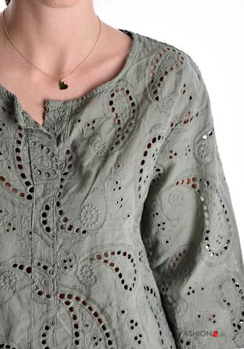 Paisley Muster u-boot ausschnitt Bluse aus Baumwolle 3/4 ärmel englische stickerei - ph 4