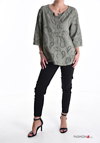 Paisley Muster u-boot ausschnitt Bluse aus Baumwolle 3/4 ärmel englische stickerei - ph 5