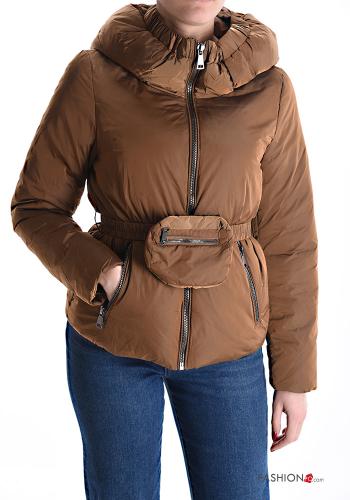 Puffer Jacket with pockets with Pouch bag with hood with zip with belt