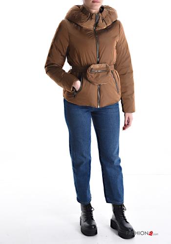 Daunenjacke mit Gürtel mit Kapuze mit Reißverschluss mit Taschen mit Gürteltasche - ph 5