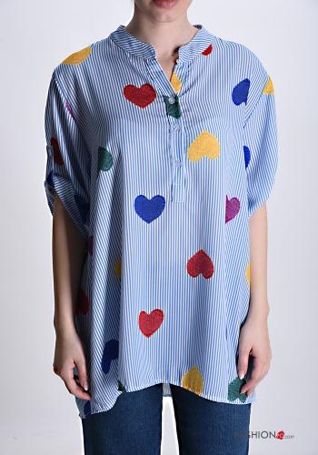 heart motif short sleeve Blouse with buttons