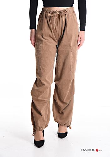 Gerippte wide leg Hose aus Baumwolle mit Taschen mit gummizug mit kordelzug - ph 1