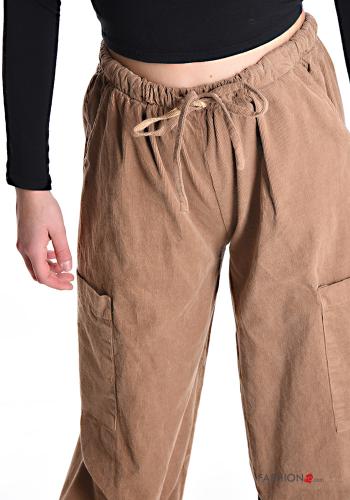 Gerippte wide leg Hose aus Baumwolle mit Taschen mit gummizug mit kordelzug - ph 4