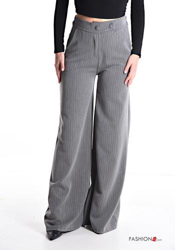 Pantalon taille haute wide leg Imprimé à rayures avec poches avec élastique à boutons - ph 1
