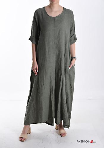 wide leg crew neck maxi Linen Jumpsuit with pockets