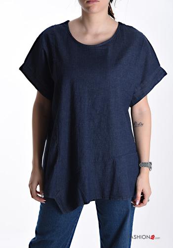 Blusa em Algodão gola redonda assimétrico manga curta denim oversize - ph 1
