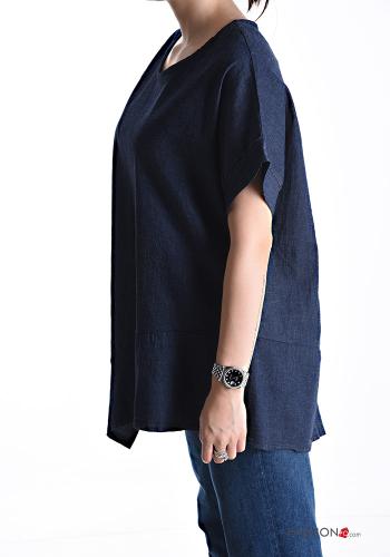 Blusa em Algodão gola redonda assimétrico manga curta denim oversize - ph 3