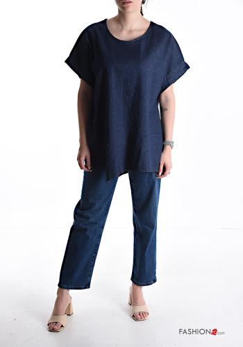 Blusa em Algodão gola redonda assimétrico manga curta denim oversize - ph 5