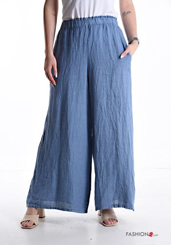 Pantalone in Lino wide leg con tasche con elastico