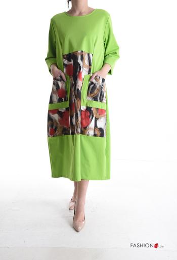Abstract print long sleeve crew neck oversized Cotton Dress with pockets