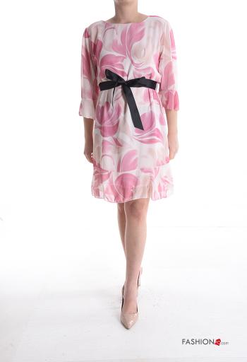 Floral crew neck Dress 3/4 sleeve with fabric belt with lining with flounces