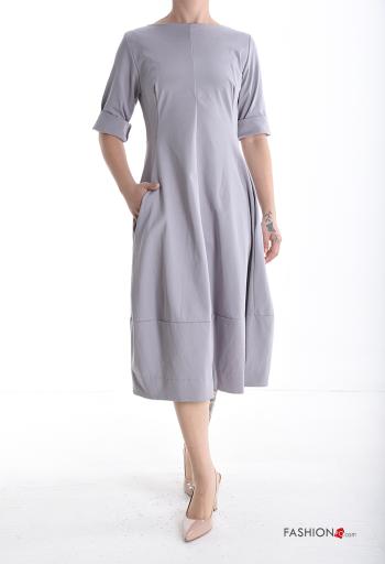 crew neck Cotton Dress with pockets 3/4 sleeve with zip
