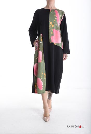Abstract print long sleeve crew neck oversized Cotton Dress with pockets