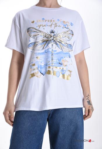 T-shirt em Algodão manga curta gola redonda Padrão Estampado