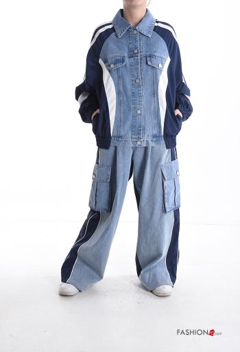 denim with collar oversized Cotton Co-ord with buttons with elastic with pockets
