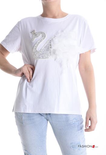 T-shirt em Algodão manga curta gola redonda Padrão animais com lantejoulas com penas - ph 1