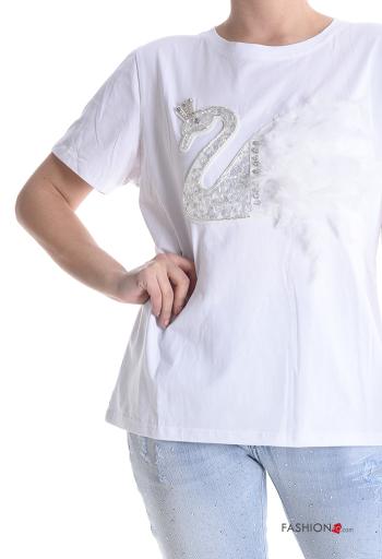 T-shirt em Algodão manga curta gola redonda Padrão animais com lantejoulas com penas - ph 4