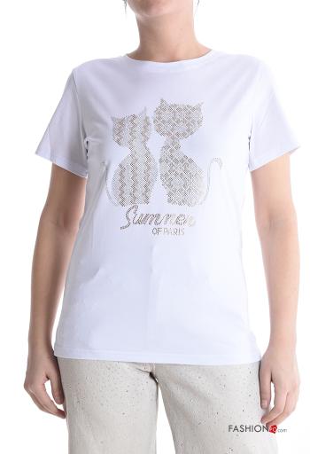 T-shirt de Algodón manga corta cuello redondo Estampado animales con brillantes