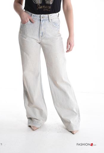 Jeans in Cotone wide leg lungo con bottoni con strass con zip con tasche - ph 1