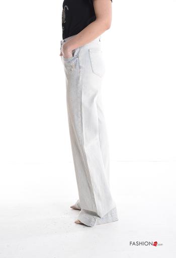Jeans in Cotone wide leg lungo con bottoni con strass con zip con tasche - ph 3