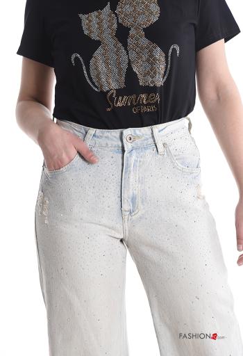 Jeans in Cotone wide leg lungo con bottoni con strass con zip con tasche - ph 4