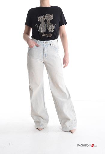 Jeans in Cotone wide leg lungo con bottoni con strass con zip con tasche - ph 5