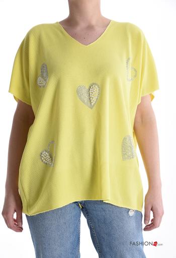 heart motif short sleeve Sweater with v-neck with rhinestones with pearls - ph 1